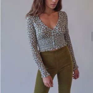 Urban Outfitters Bayside Blue & Brown Floral Long Sleeve Smocked Crop Top XS